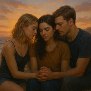 Three adults sitting close together on a twilight beach, sharing a warm moment of trust and connection, representing the emotional continuation of “Tides Between Us – Part II”.