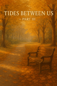 Autumn park path with golden leaves and a wooden bench, evoking warmth and quiet intimacy in an emotional polyamorous story.