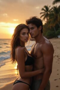 Passionate couple in deep missionary on tropical beach lounger at twilight, woman’s legs over man’s shoulders, intense eye contact, golden remnants of sunset