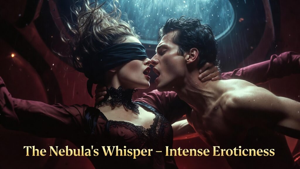Blindfolded woman in zero-gravity erotic embrace with man, gentle hand on throat, passionate near-kiss, floating hair, burgundy black SciFi atmosphere with porthole rain condensation, candle-like starlight glow, The Nebula's Whisper blog header