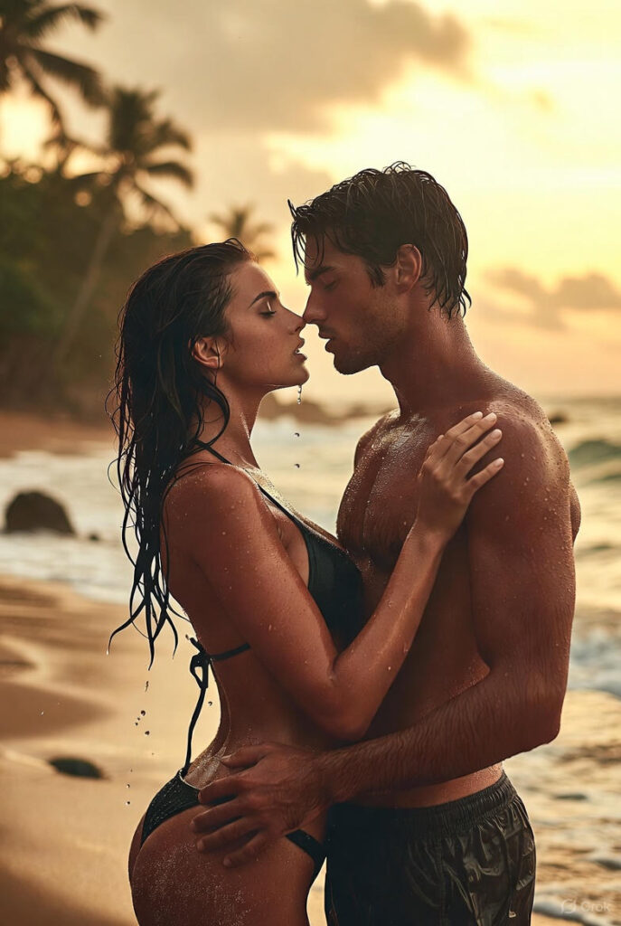 Passionate couple in black bikini embracing on tropical beach at sunset with waves crashing sensory salt air details