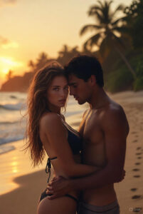 Passionate couple in black bikini and swim trunks embracing intimately on secluded tropical beach at golden sunset