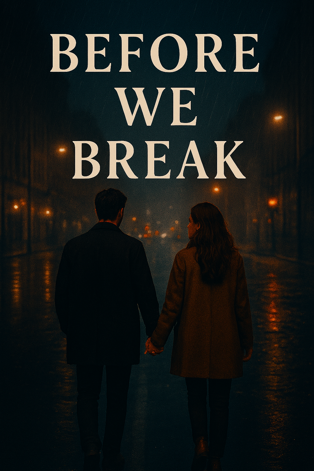 A man and woman embrace on a rainy city street at night, under glowing streetlights. Emotional and cinematic title image for the story “Before We Break”.