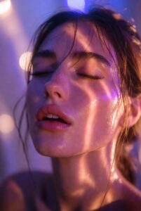 Close-up of Captain Lira in solo pleasure, alien light caressing her skin