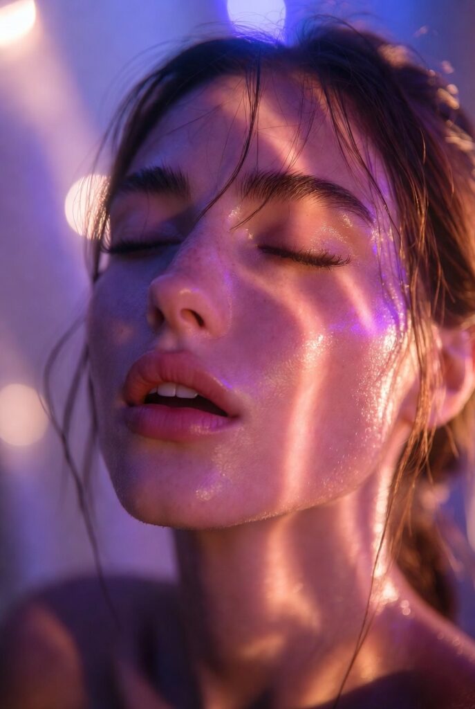 Close-up of Captain Lira in solo pleasure, alien light caressing her skin