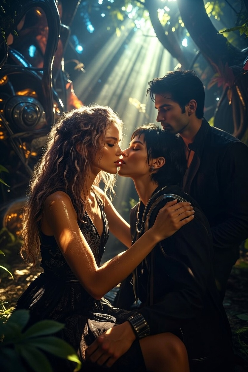 Close-up sci-fi threesome – woman riding man while kissing another woman, alien light effects