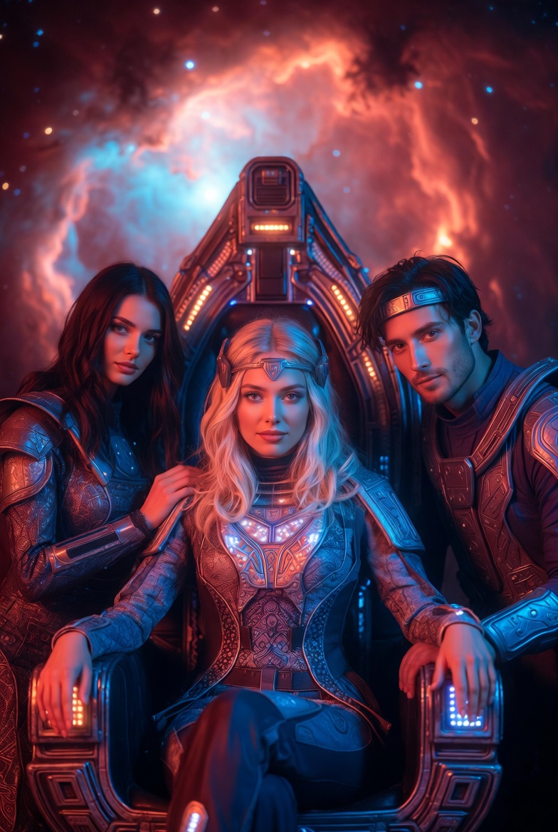 Sensual sci-fi threesome with two women and one man on glowing alien throne in spaceship, explicit embrace