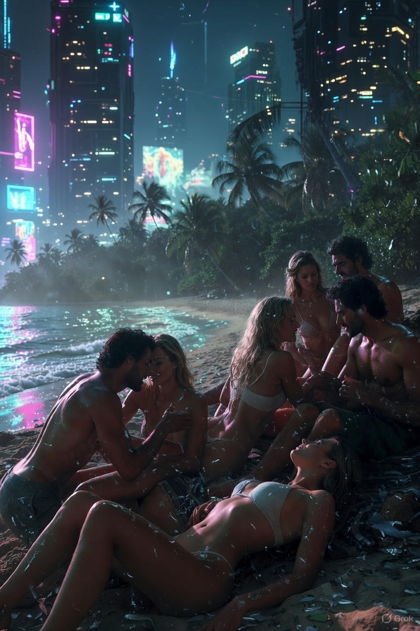Attractive group in tiny bikinis on tropical resort beach at sunset with waves palms sensory prelude to orgy