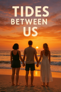 Three adults walking hand in hand along a sunset beach, two women and one man, representing the emotional triad in the story “Tides Between Us”.
