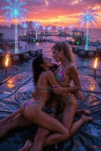 Cyberpunk FFM threesome embracing in neon tropical sprawl at sunset with waves holo-palms sensory prelude urban grit two women colorful bikinis man trunks
