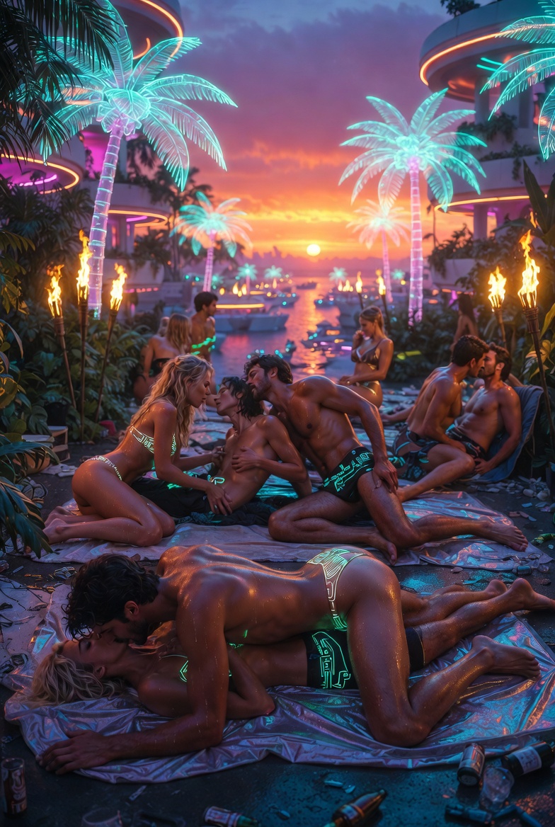 Cyberpunk group in circuit bikinis on neon tropical beach at sunset with waves holo-palms sensory prelude to orgy urban grit